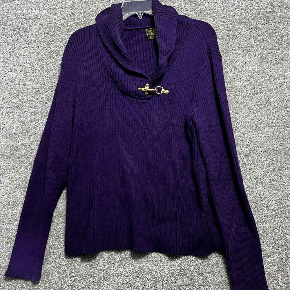Ralph Lauren Womens Sweater Large Purple Shawl Collar Preppy Size XL Classic